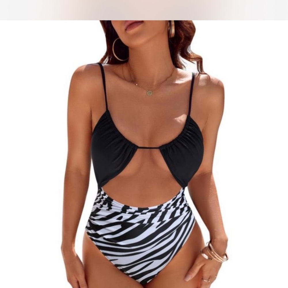 Stylish Black and White Zebra Print Swimsuit flattering cut out y2k